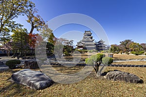 Matsumoto castle garden, a designated National Treasure of Japan, and the oldest castle donjon remaining in Japan.