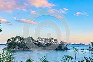 Matsushima Bay in dusk, beautiful islands covered with pine trees and rocks