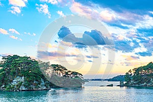 Matsushima Bay in dusk, beautiful islands covered with pine trees and rocks