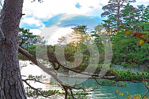 Matsushima Bay in dusk, beautiful islands covered with pine trees and rocks photo