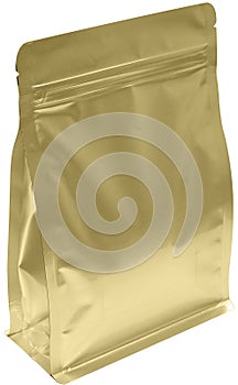 Matt gold aluminium flat bottom food pouch  with zipper  filled with coffee beans on white background fron view