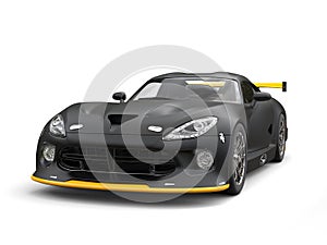 Matte black modern race supercar with yellow details - beauty shot