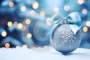 matte blue Christmas ball with a bow on a snowy background of bokeh lights on a Christmas tree