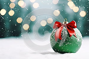 matte green Christmas ball with red bow a snowy background of bokeh lights on a Christmas tree