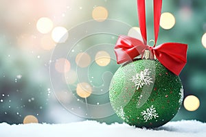 matte green Christmas ball with red bow a snowy background of bokeh lights on a Christmas tree