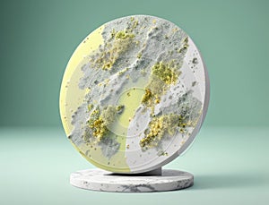 Matte marble disk with intricate lichen and pigment ornamentation. Podium, empty showcase for packaging product