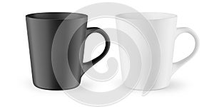 Matte mug for drinks. White and black blank realistic isolated cup. Perspective view.