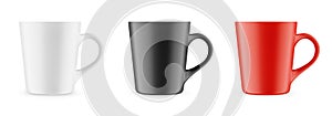 Matte mug for drinks. White, red and black blank realistic isolated cup.