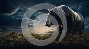 Matte Painting: Dark And Subtle Imagery Of A Grazing Badger In A Field
