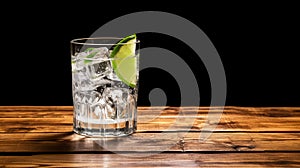 Matte Photo Of Gin And Tonic With Lime On Wooden Table