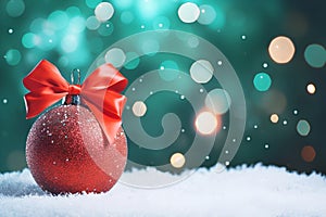 matte red Christmas ball with a bow on a snowy background of bokeh lights on a Christmas tree, copy space