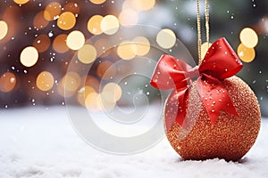 matte red Christmas ball with a bow on a snowy background of bokeh lights on a Christmas tree, copy space