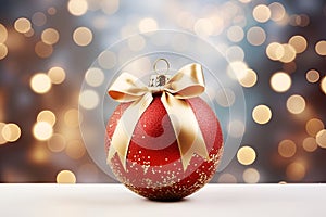 matte red Christmas ball with a gold bow on a snowy background of bokeh lights on a Christmas tree, copy space