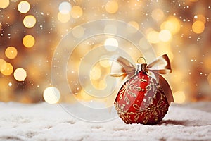 matte red Christmas ball with a gold bow on a snowy background of bokeh lights on a Christmas tree, copy space