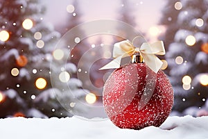 matte red Christmas ball with a gold bow on a snowy background of bokeh lights on a Christmas tree, copy space