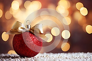 matte red Christmas ball with a gold bow on a snowy background of bokeh lights on a Christmas tree, copy space