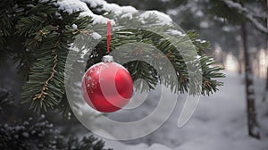 Matte red Christmas ball hangs from pine branch.