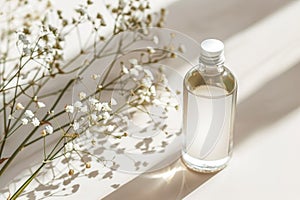 A matte white bottle stands elegantly against a backdrop of natural shadows and green foliage
