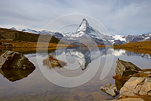 Matterhorn in autumn morning with reflection in StelliSee, Zermatt, Switzerland