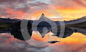 Matterhorn or Cervino reflection on lake stellisee in Zermatt in the mountains in the swiss Alps, Switzerland