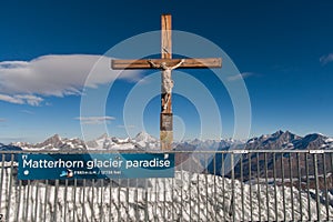 MATTERHORN GLACIER PARADISE, SWITZERLAND - OCTOBER 27, 2015: Crucifixion on Matterhorn Glacier Paradise near Matterhorn Peak, Alps