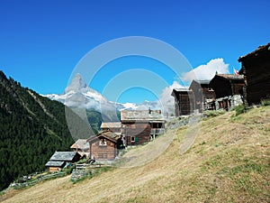 Matterhorn with historic houses in Zermatt