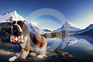 Matterhorn lake and Saint Bernard dog