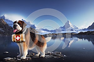 Matterhorn lake and Saint Bernard dog