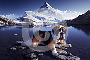 Matterhorn lake and Saint Bernard dog