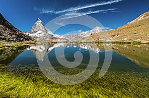 Matterhorn mountain behind a beautiful lake with grass