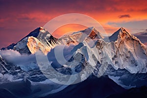 Matterhorn mountain peak at sunset in Himalayas, Nepal, Twilight sky over Mount Everest, Nuptse, Lhotse and Makalu, in the Nepal