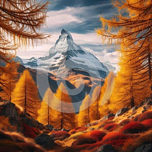 The Matterhorn mountain stands strong in autumnal forest view