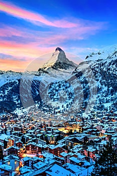 Matterhorn mountain and swiss alps at sunrise in Zermatt, Switzerland