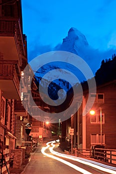 Matterhorn Peak with Light trail from Zermatt City