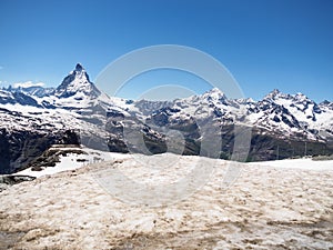 Matterhorn peak in sunny day view from gornergrat train station, Zermatt, Switzerland.