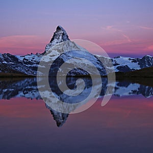 Matterhorn reflecting in Lake Stelli, Zermatt.