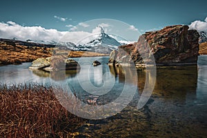 Matterhorn reflection in the lake Stellisee, Switzerland.