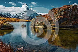 Matterhorn reflection in the lake Stellisee, Switzerland.