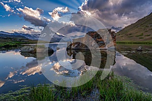 Matterhorn and reflection on the water surface at the morning time. Matterhorn, Switzerland. Beautiful natural landscape in the Sw