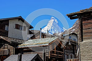 Matterhorn set behind wooden lodges