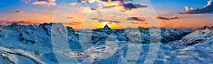 Matterhorn and swiss alps at sunset in Zermatt, Switzerland. Panorama landscape of alps in winter