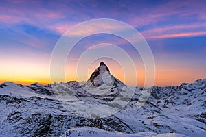 Matterhorn and swiss alps in Zermatt, Switzerland. Matterhorn at sunset