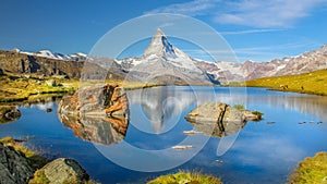 The Matterhorn in Zermatt, Switzerland. The alpine lake Stellisee.