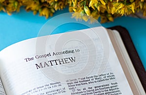 Matthew Gospel from Holy Bible Book inspired by God and Jesus Christ photo