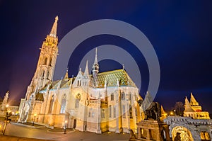 Matthias Church, a famous landmark in Budapest, Hungary by night