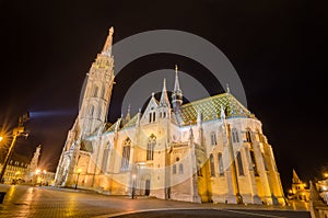 Matthias Church, a famous landmark in Budapest, Hungary by night