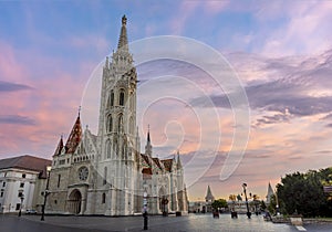 Matthias church in Fisherman Bastion at sunrise, Budapest, Hungary