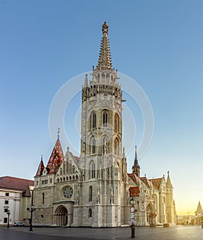 Matthias church in Fisherman Bastion at sunrise, Budapest, Hungary