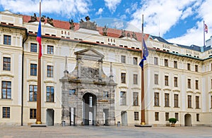 Matthias Gate of New Royal Palace Novy kralovsky palac and EU and Czech flags at flagpole photo