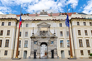 Matthias Gate of New Royal Palace Novy kralovsky palac and EU and Czech flags at flagpole in Prague Castle